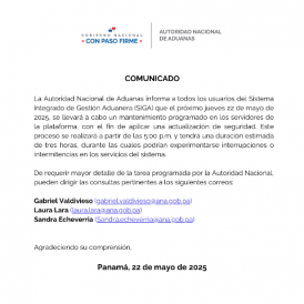 Comunicado - Sistema Integrado de Gestión Aduanera (SIGA)