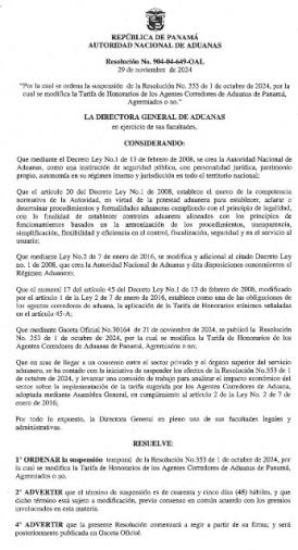 Aduanas emite resolución que modifica la tarifa de Honorarios de los Agentes Corredores de Aduanas de Panamá